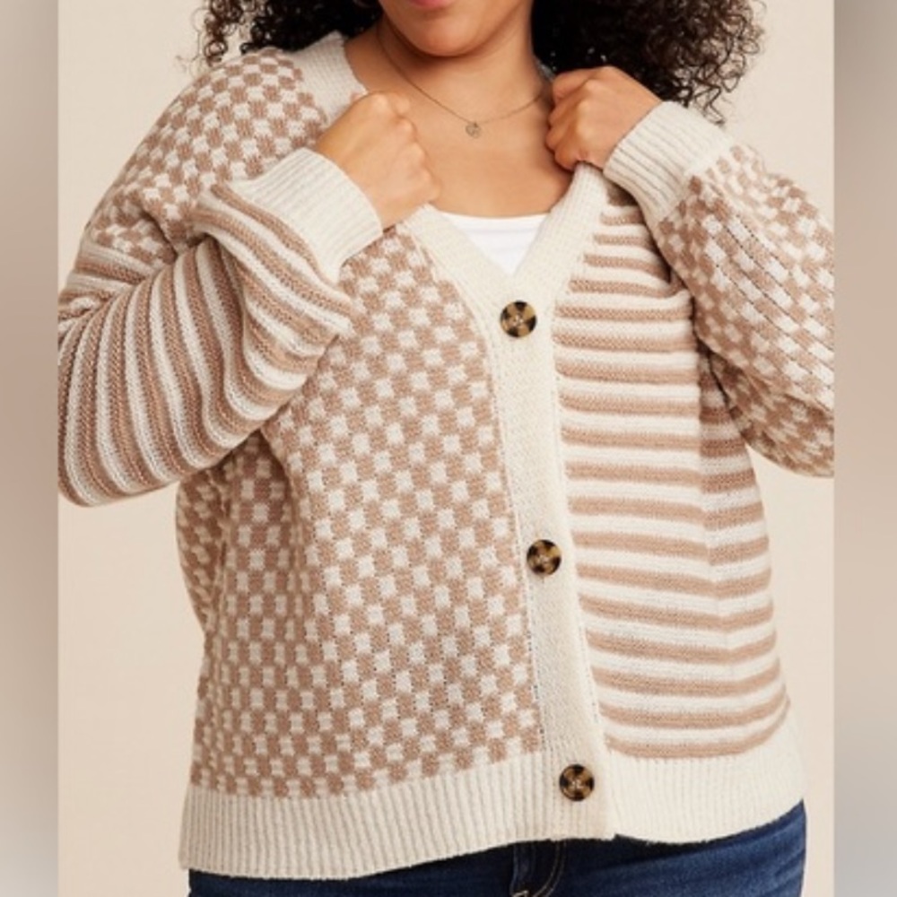 Maurice’s Plus Size Checkered Striped Mix Button Down Cardigan, taupe size 2X